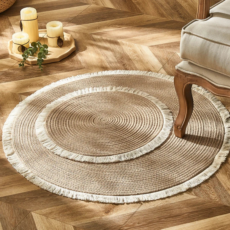Vintage Round Woven Rugs Handmade Rattan Carpet With Tassel For Bedroom Living Room Home Decor Floor Mats Chic Room Door Mat