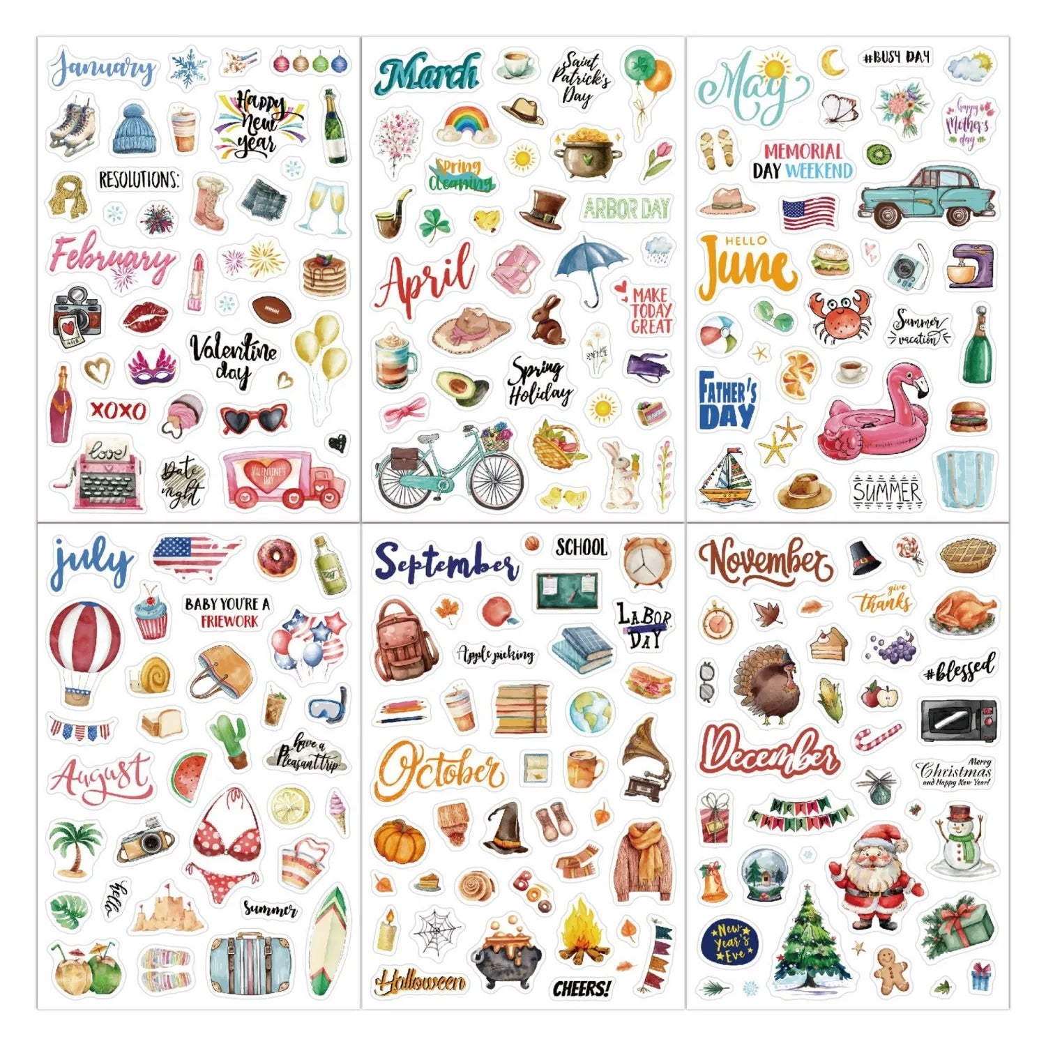 6sheets Pre-cut Stickers Self-Adhesive Paper Stickers for Scrapbooking Journals Planners DIY Crafts Embellishments Stickers