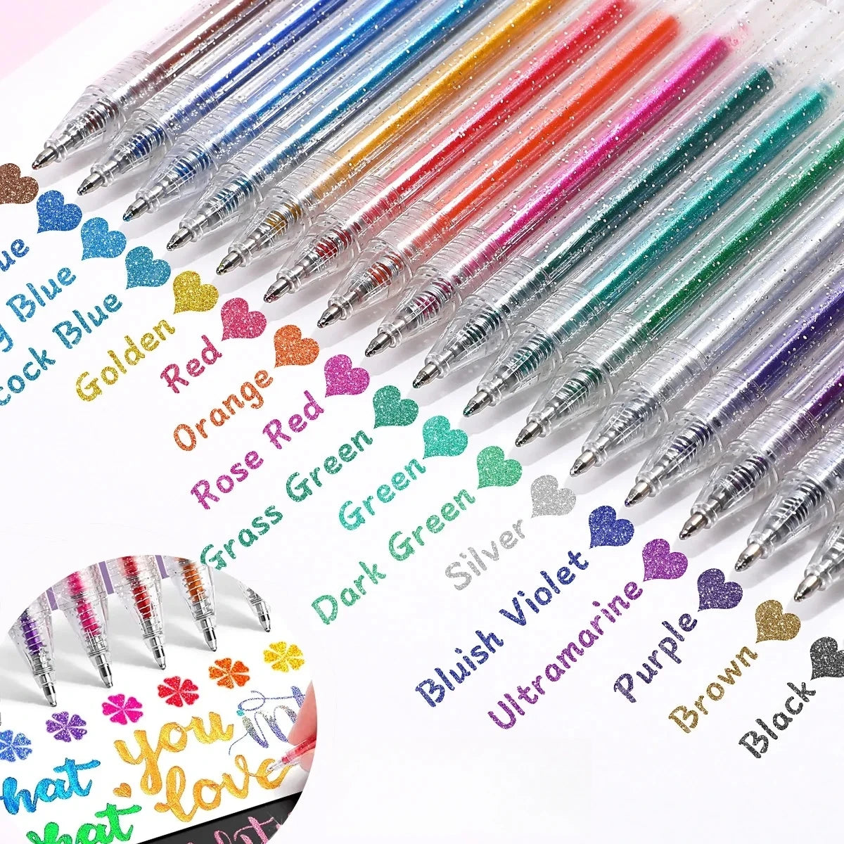 Glitter Gel Pens Set, 1.0 mm Colorful Glitter Pens, Colored Gel Pens for Adults to Handwriting Set, Notes and Markings,Students