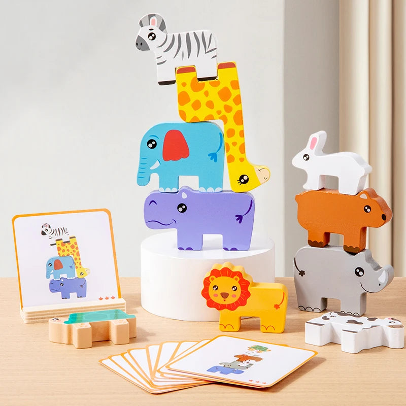 Wooden Animal Stacking Block Game Shape Matching Puzzle Balance Toy Montessori Fine Motor Training Educational Toys For Children